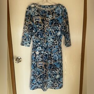 J. McLaughlin Catalina Cloth Stretchy Tie Waist Blue Elephant Floral Dress Small